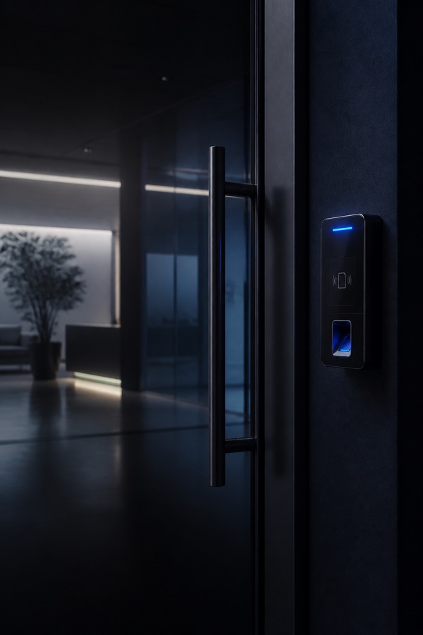 Technician configuring a biometric door access control reader