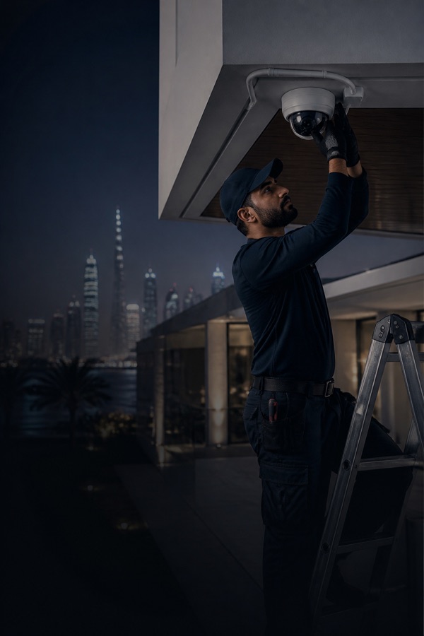 Technician installing an outdoor CCTV camera on a Dubai property