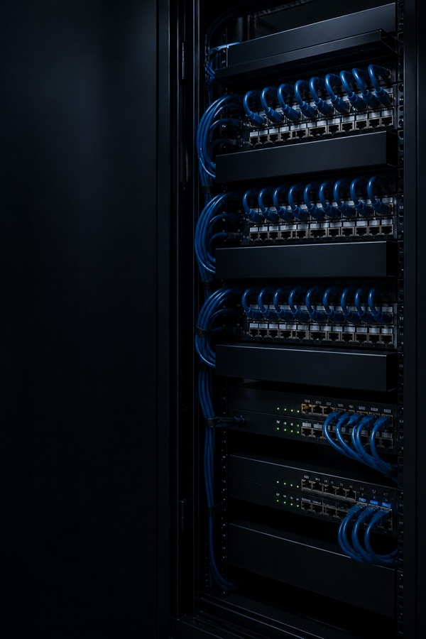 Organized CAT6 network rack and structured cabling installation