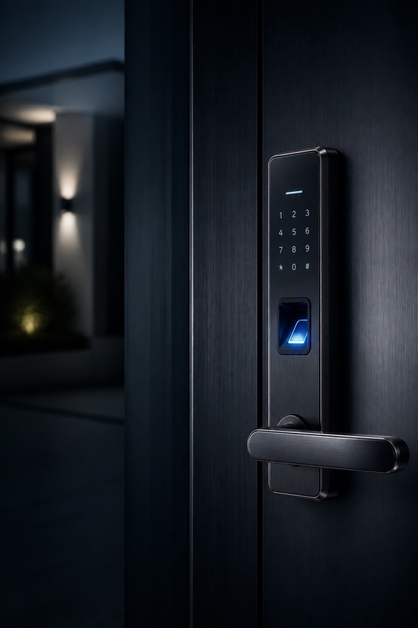 Fingerprint smart door lock fitted to a modern entrance door